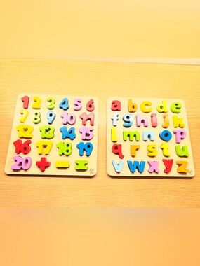 Hape wooden chunky Numbers & Alphabet Puzzle Set for Kids - Multicolor